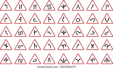 Triangular Traffic road signs board icons set. Indicator and warning signs in addition to the hexagonal stop vector collection isolated on transparent background. Inform complicated Turning symbols.