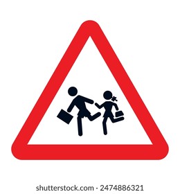 Señal de tráfico triangular con borde rojo. Señal de paso de escuela, señal de carretera con advertencia para niños que cruzan