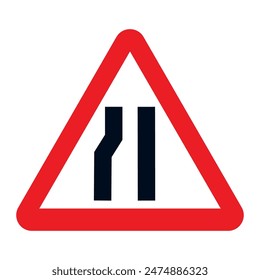 Triangular traffic sign with red border. The road narrows on the left