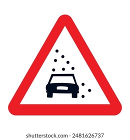 Triangular traffic sign with red border. 
Car with points suspended in the air