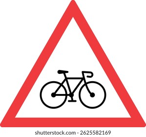 Triangular traffic sign with a red border and black bicycle icon, warning of cyclists ahead.