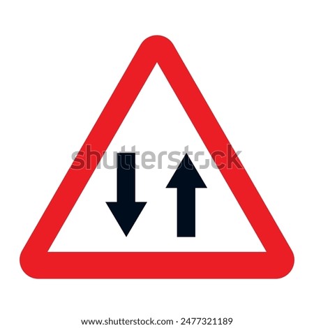 Triangular traffic sign with red border. Up and down arrows indicating two-way traffic