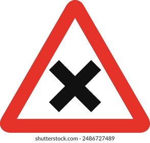 Triangular traffic signal in white and red, isolated on white background. Warning of crossroad ahead with priority on the right