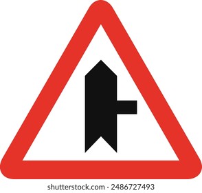 Triangular traffic signal in white and red, isolated on white background. Warning of side road on the right