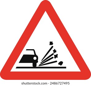 Triangular traffic signal in white and red, isolated on white background. Warning of loose gravel