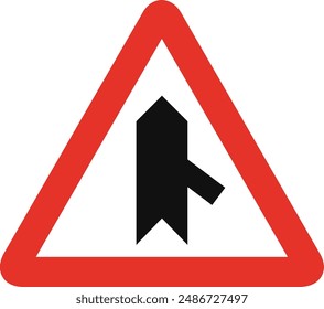 Señal de tráfico triangular en blanco y rojo, aislado sobre fondo blanco. Advertencia de empalme afilado a la derecha