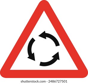 Triangular traffic signal in white and red, isolated on white background. Warning of roundabout ahead