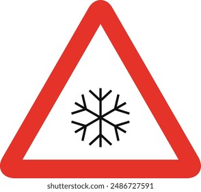Triangular traffic signal in white and red, isolated on white background. Warning of slippery road for ice or snow