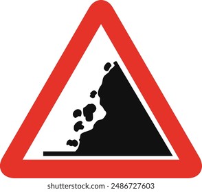 Triangular traffic signal in white and red, isolated on white background. Warning of falling rocks