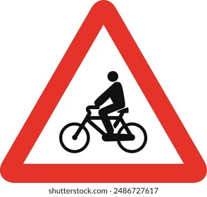Triangular traffic signal in white and red, isolated on white background. Warning of cycle crossing