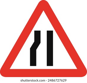 Triangular traffic signal in white and red, isolated on white background. Warning of narrow road ahead on left side