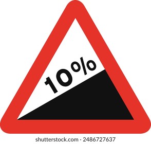 Triangular traffic signal in white and red, isolated on white background. Warning of steep ascent