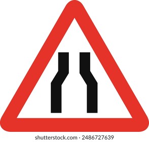 Triangular traffic signal in white and red, isolated on white background. Warning of narrow road ahead