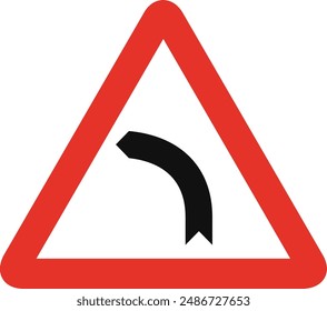 Triangular traffic signal in white and red, isolated on white background. Warning of left hand curve