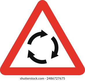 Triangular traffic signal in white and red, isolated on white background. Warning of roundabout ahead