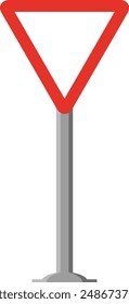 Señal de tráfico triangular en blanco y rojo, con palo y aislado sobre fondo blanco. Obligatorio Ceder.