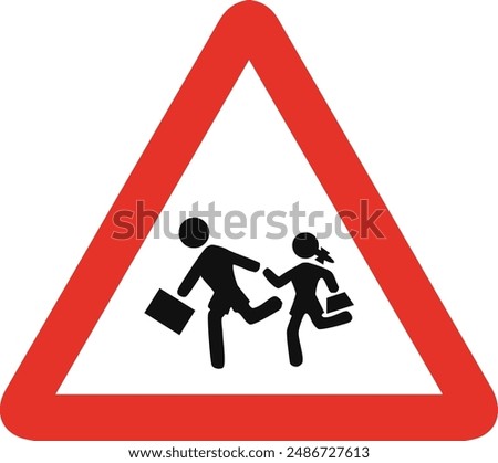 Triangular traffic signal in white and red, isolated on white background. Warning of proximity of a school or playground
