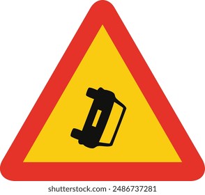 Triangular traffic signal in yellow and red, isolated on white background. Temporary warning of roadway obstruction