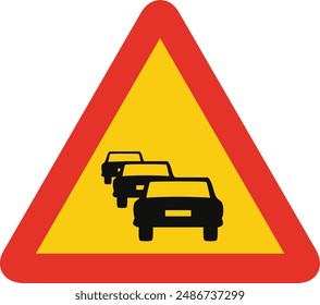 Triangular traffic signal in yellow and red, isolated on white background. Temporary warning of vehicle jam