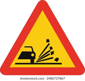 Triangular traffic signal in yellow and red, isolated on white background. Temporary warning of loose gravel