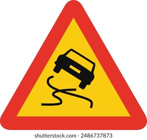 Triangular traffic signal in yellow and red, isolated on white background. Temporary warning of slippery road