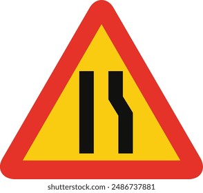 Triangular traffic signal in yellow and red, isolated on white background. Temporary warning of narrow road ahead on right side