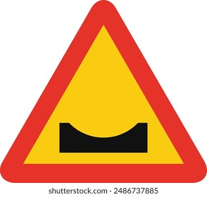 Triangular traffic signal in yellow and red, isolated on white background. Temporary warning of dangerous dip