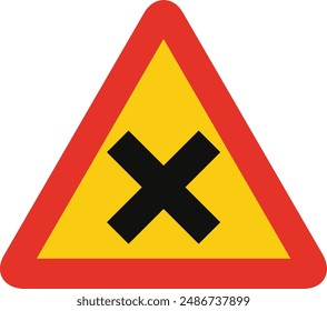 Triangular traffic signal in yellow and red, isolated on white background. Temporary warning of crossroad ahead with priority on the right