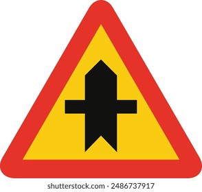 Triangular traffic signal in yellow and red, isolated on white background. Temporary warning of crossroad ahead with priority