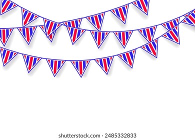 Triangular tricolor flag garland decoration on white background. Vector design.