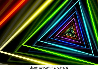 Triangular Tunnel. Bright Structure of the Corridor in Perspective. Abstract Iridescent Pattern with Stripes. Vector. 3D Illustration