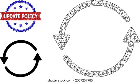 Triangular update arrows framework illustration, and bicolor dirty Update Policy stamp. Polygonal wireframe illustration is designed with update arrows icon.