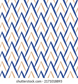 Triangular upward scale pattern seamless vector background.Painterly irregular width brush strokes blue yellow on white backdrop.Overlapping diamond shapes. Geometric scales lattice repeat.