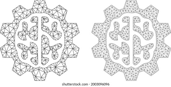 Triangular vector brain gear icons. Mesh wireframe brain gear images in low poly style with structured triangles, points and linear items. Mesh illustration of triangulated brain gear,