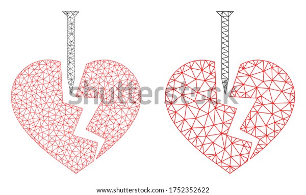Triangular vector break valentine heart\
icon. Mesh carcass break valentine heart image in low poly style\
with connected triangles, nodes and linear\
items.