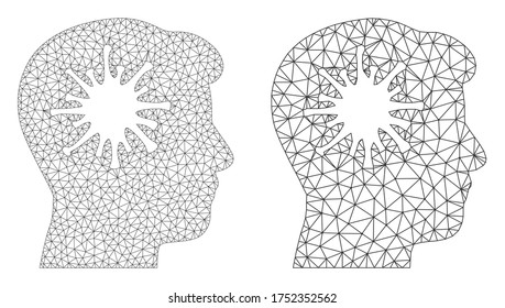 Triangular vector coronavirus brain icon. Mesh carcass coronavirus brain image in low poly style with connected triangles, points and lines. Mesh illustration of triangulated coronavirus brain,