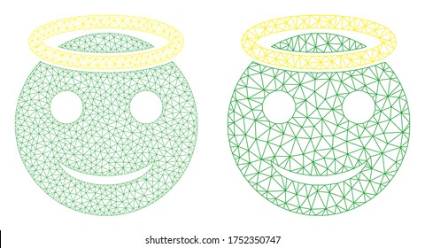 Triangular vector holy smiley icon. Mesh wireframe holy smiley image in low poly style with organized triangles, dots and linear items. Mesh composition of triangulated holy smiley,