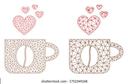 Triangular vector love coffee cup icon. Mesh carcass love coffee cup image in low poly style with combined triangles, nodes and lines. Mesh concept of triangulated love coffee cup,
