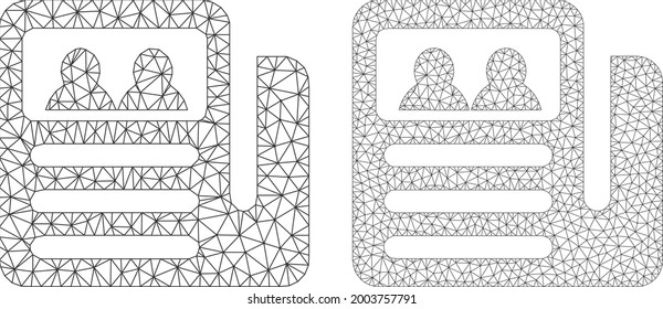 Triangular vector newspaper icons. Mesh wireframe newspaper images in low poly style with structured triangles, dots and lines. Mesh illustration of triangulated newspaper, on a white background.