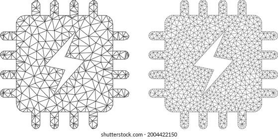 Triangular vector power chip icons. Mesh wireframe power chip images in lowpoly style with connected triangles, dots and linear items. Mesh concept of triangulated power chip, on a white background.