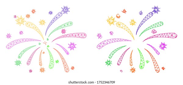 Triangular vector viral fireworks icon. Mesh carcass viral fireworks image in low poly style with structured triangles, points and lines. Mesh composition of triangulated viral fireworks,