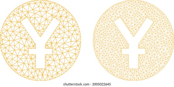 Triangular vector yuan coin icons. Mesh wireframe yuan coin images in lowpoly style with combined triangles, nodes and linear items. Mesh composition of triangulated yuan coin, on a white background.