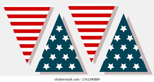 Bandera triangular vertical estadounidense para la celebración del 4 de julio del Día de la Independencia. Imprimible bandera de EE.UU. aislada vectorial, pegatina, banner, decoración de casa de vacaciones.