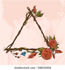 Triangular vintage frame made of branches with roses and flower buds. Decorative element for design work in the boho style.