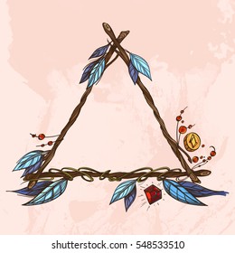 Triangular vintage frame made of branches with feathers and leaves. Decorative element for design work in the boho style.