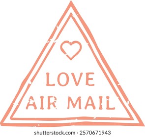 Triangular vintage love air mail stamp with heart in a light red or pink color representing affection, romance, long distance love and valentine s day