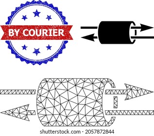 Triangular VPN pipe carcass icon, and bicolor grunge By Courier seal stamp. Polygonal carcass symbol designed with VPN pipe icon. Vector seal with By Courier tag inside red ribbon and blue rosette,