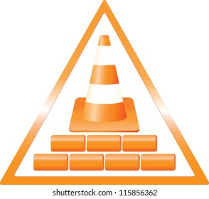 triangular warning construction sign with bricks