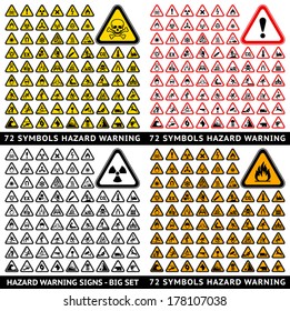 Triangular Warning Hazard 72 Symbols. Big set, 288 labels, vector illustrator.