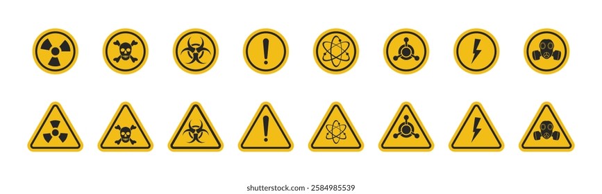 Triangular Warning Hazard Signs Set. Toxic sign, Radiation and Caution Danger Symbol Vector.